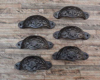 Set of 6 Eastlake Cast Iron Bin Pulls - Vintage Victorian Style Drawer Handles