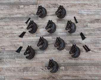 10 Cast Iron Horse Head Drawer Pulls - Rustic Farmhouse Decor, Row Finish Handmade Knobs