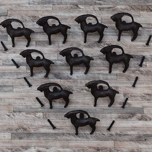 Pode incluir: Dez puxadores de armário pretos em forma de cabra e parafusos pretos dispostos sobre uma superfície de madeira castanha clara. Os puxadores são feitos de um material escuro e texturizado. O hardware do armário está disposto em um triângulo.