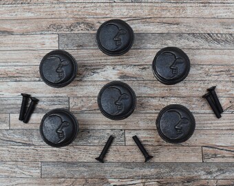 6 Cast Iron Moon Face Knobs - Rustic Drawer Cabinet Pull - Kitchen Cupboard Door Handles