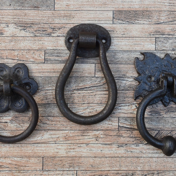 1x Vintage Style Solid Cast Iron Door Knocker Pulls Gate Cupboard Cabinet Ring Pull Drop Handles Knocker For Kitchen Farm Barn House Decor