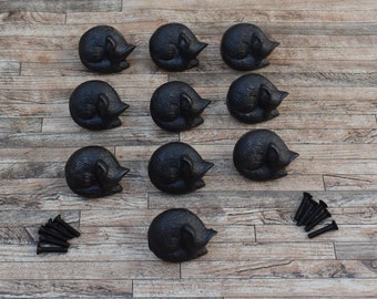 Set Of 10 Cast Iron Sleeping Fox Drawer Pulls, Handmade Kitchen Knobs, Row Finish