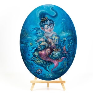 Baby Mermaid Oil Painting: Whimsical Ocean Canvas Art (12x16)