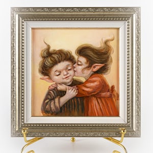 Pintura al óleo enmarcada de elfos bebés, mini arte de fantasía caprichosa, elfos de cuentos de hadas enamorados, retrato mágico, regalo encantador para ella 6 x 6 pulgadas