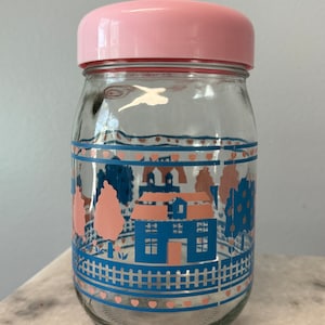 Vintage Glass Storage Jar, Pink and Blue Neighborhood/Street Design, Great Condition