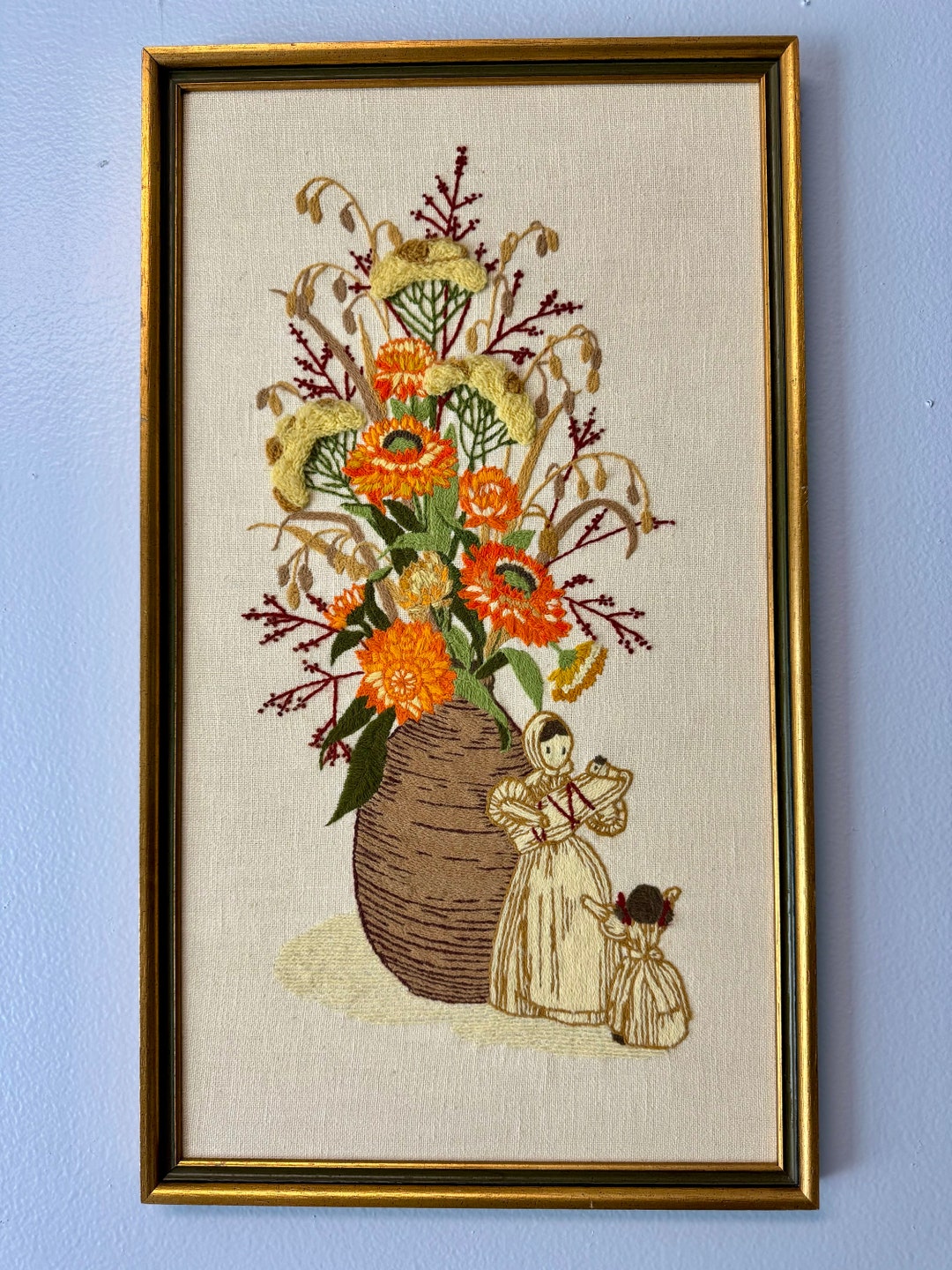 Ouvrage Au Point De Croix Vintage (Crewel) Encadré - Motif Floral 25" X 25" - Fait Main USA - Occasion