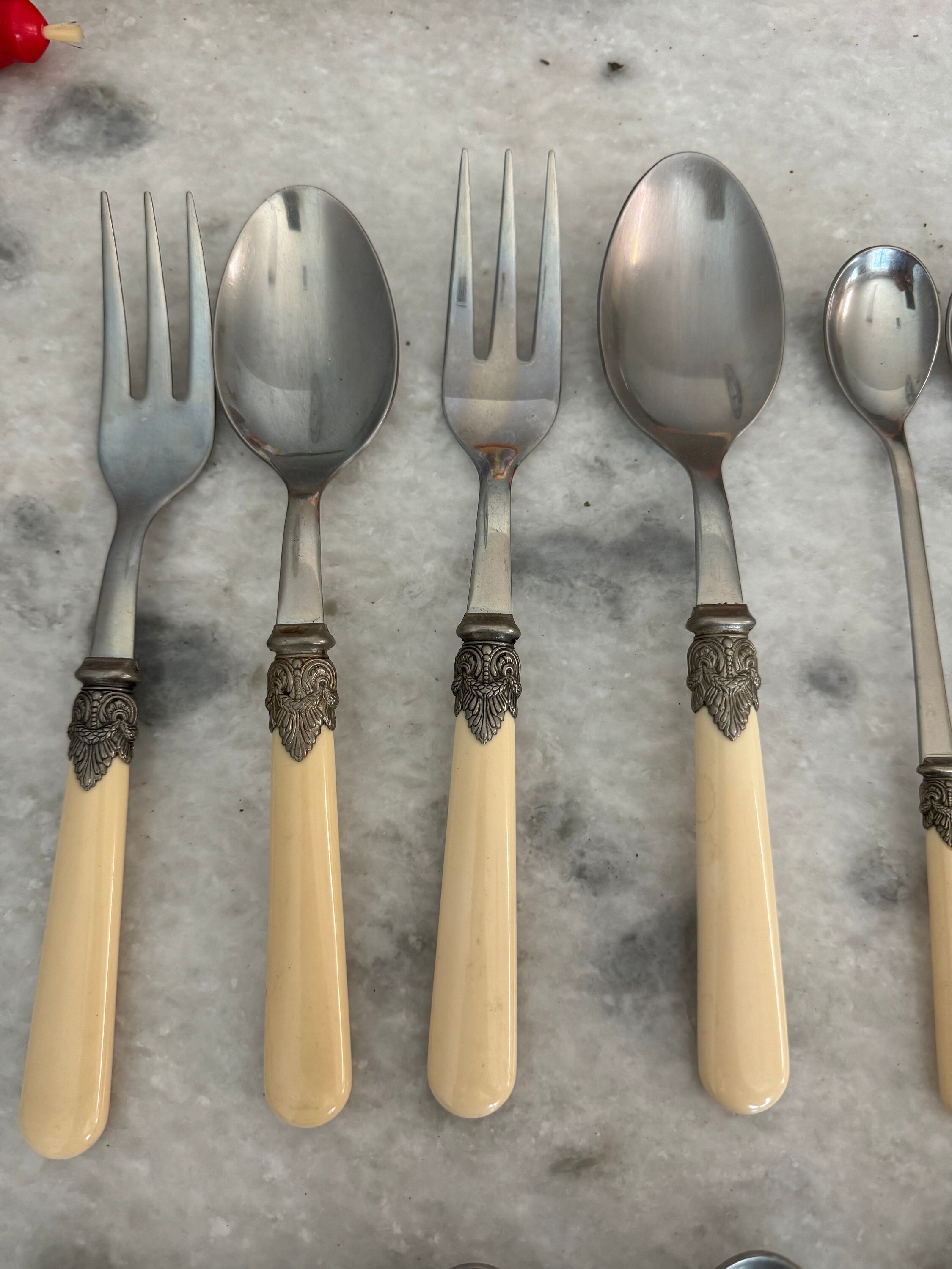 Stunning Italian Vintage Eme Inox Silverware, Ivory Handle Flatware