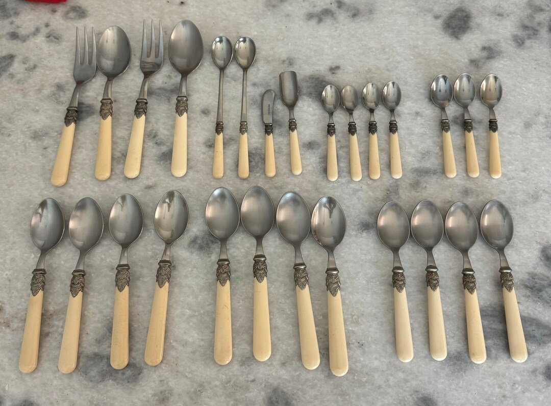 Stunning Italian Vintage Eme Inox Silverware, Ivory Handle Flatware