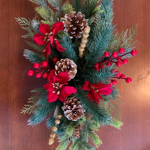 Christmas Dining /Kitchen Table Centerpiece Decor with Pine Foliage and Poinsettia Flowers set in a Handmade Rustic Wood Base