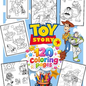 May include: A collection of 120 Toy Story coloring pages featuring black and white line art of characters like Woody, Buzz Lightyear, and the Aliens. The central graphic displays the text 120 coloring pages above a cup of colored pencils.