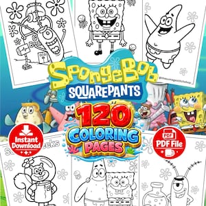 May include: A collection of 120 SpongeBob SquarePants coloring pages featuring black and white line art of characters like SpongeBob, Patrick, Sandy, and Plankton. The digital set includes various scenes with jellyfish and laboratory equipment.