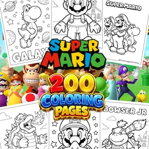 May include: A collection of Super Mario colouring pages featuring black and white line art of characters like Mario, Yoshi, and Bowser Jr. The central text reads Super Mario 200 Coloring Pages, surrounded by colourful character illustrations.