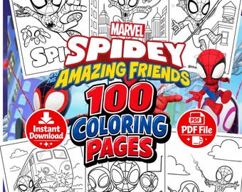 100 Ausmalbilder von Spidey und seinen Freunden, druckbare Superhelden-Vorlagen, Malbuch, digitale Kunst, Spidey-Party-Aktivität, Spidey