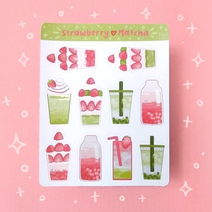 Foglio di adesivi Matcha alla fragola / adesivi per bullet journal e scrapbooking