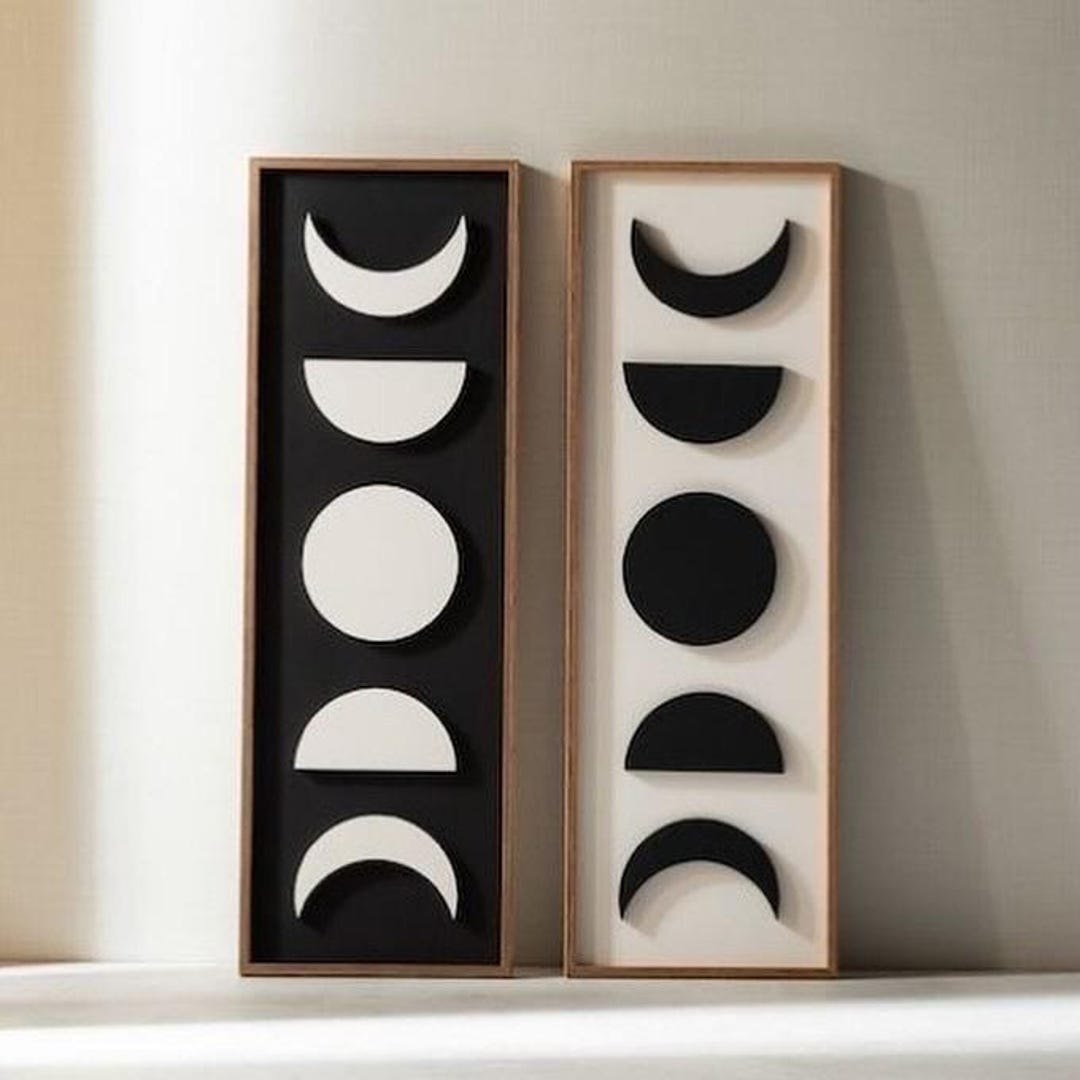 Modern Moon Modern Moon Phase Wall Art – Black and White 3D Geometric Wood Decor ...