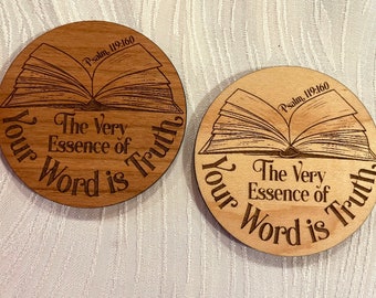 Magnet - 2023 Year Text - "...Your Word is Truth" - Psalm 119:160 - 2.5" Round - Engraved, Precision Cut Wood - Cherry/Maple Spanish