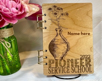 A5 Notebook, 2023 Pioneer School, Refillable - Wildflowers in vase -  2 Timothy 4:5 - Wood, Personalized - Each handmade to order