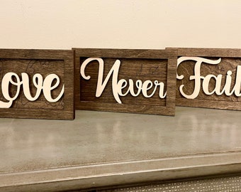 Sign - Love or Sign Set - Love Never Fails - Lasercut wood shadowbox sign set of 3 - 1 Corinthians 13:8 - Each handmade to order