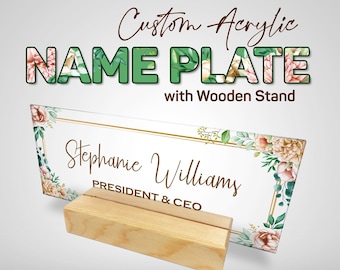 Custom Wildflower Desk Name Plate: Modern Office Decor, Clear Acrylic & Wood