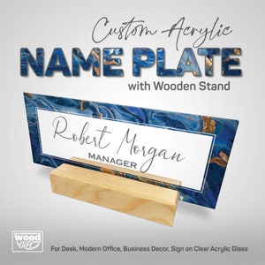 Personalized Name Plate for Desk for Modern Office Business Decor Flowers Wild Design Sign on Clear Acrylic Glass with Wooden Stand for him