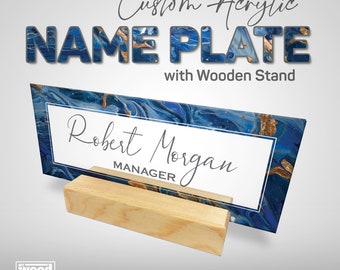 Personalized Desk Name Plate: Clear Acrylic Glass, Wood Stand, Floral Design