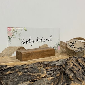 Personalized Name Plate for Desk for Modern Office Business Decor Flowers Wild Design Sign on Clear Acrylic Glass with Wooden Stand