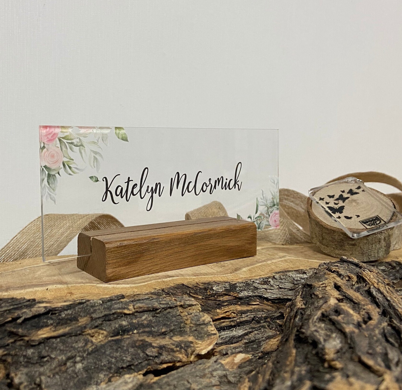 Personalized Acrylic Desk Name Plate: Wildflower Design, Wood Stand