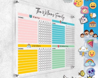 Personalized Acrylic Chore Chart (with Emojis) Dry Erase Family Command Center, Organizer for Adults and Kids Wall Planner 4,7mm