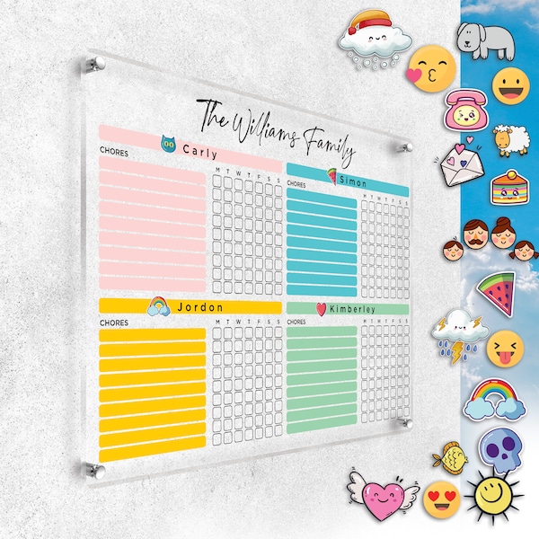 Personalisierte Acryl-Arbeitsübersicht (mit Emojis) Dry Erase Command Center, Organizer für Erwachsene und Kinder Wandplaner 4,7mm