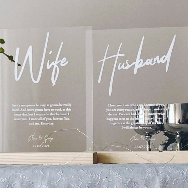 Personalized Vow Wedding photo frame Clear Acrylic Plaque Wife or Husband Wedding Vow Board - Marriage Vows with Natural Colored Stand