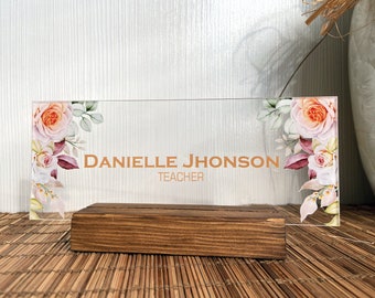 Plaque nominative personnalisée pour bureau, décoration d'entreprise moderne, panneaux floraux au design sauvage sur verre acrylique transparent et support en bois