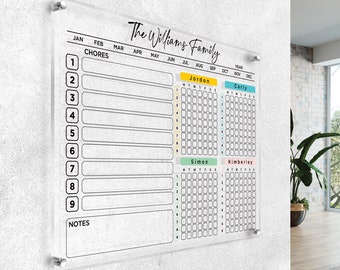 Personalized  Acrylic Chore Chart (Style No.1) Dry Erase Family Command Center up to 6 Persons, Organizer for Adults and Kids Wall Planner