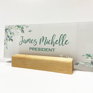 Frosted white Name Plate with Natural and Brown Wooden Stand - Flowered Personalized Acrylic Sign for Desk, Decor or Business