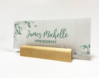 Frosted white Name Plate with Natural and Brown Wooden Stand - Flowered Personalized Acrylic Sign for Desk, Decor or Business