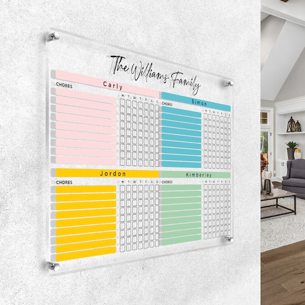 Personalized  Acrylic Chore Chart (Style No.2) Dry Erase Family Command Center up to 6 Persons, Organizer for Adults and Kids Wall Planner