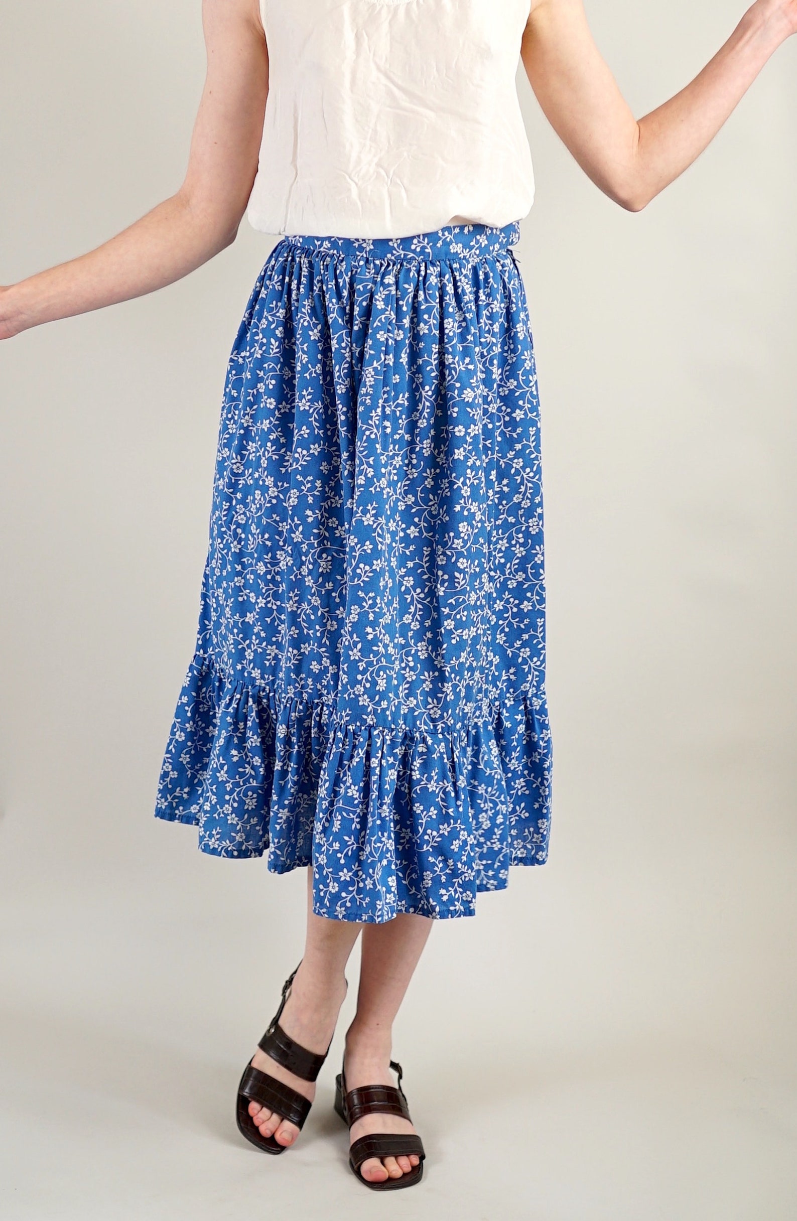 Cottagecore Peasant Ruffled Midi Skirt in Blue with White | Etsy