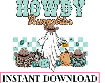 Western Halloween Howdy Pumpkin Png, Western Retro Png, Fall Pumpkin Png, Turquiose Gem, Ghost Png, Sublimation Png Design