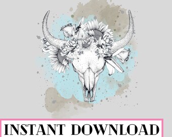 Sunflower with Bull Skull PNG, Western Bull Skull Png, Sunflower Boho Bull Skull PNG, Sublimation Design, Bull Skull Png, Turquoise