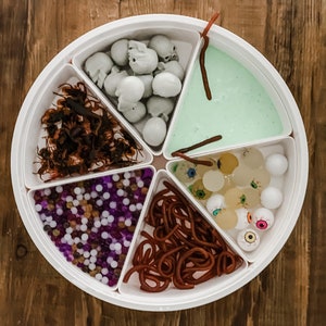 May include: A white circular tray divided into six sections, each filled with different Halloween-themed items. The sections contain plastic skulls, fake spiders, small purple and white beads, red gummy worms, green slime, and plastic eyeballs.