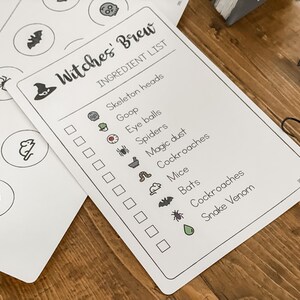 May include: A printable Halloween-themed checklist for a witch's brew. The checklist includes ingredients like skeleton heads, goop, eyeballs, spiders, magic dust, cockroaches, mice, bats, and snake venom. The checklist is printed on white paper with black ink.