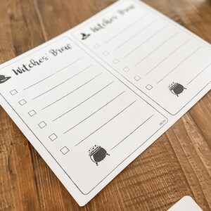 May include: A printable checklist with the text "Witches' Brew" and a witch's hat icon. The checklist has a cauldron icon at the bottom and blank lines for writing. There is a second checklist with the text "Witches' Brew" and a witch's hat icon.