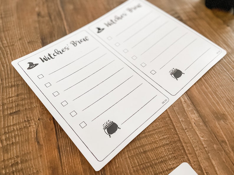 May include: A printable checklist with the text "Witches' Brew" and a witch's hat icon. The checklist has a cauldron icon at the bottom and blank lines for writing. There is a second checklist with the text "Witches' Brew" and a witch's hat icon.