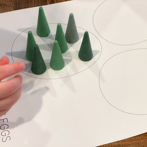 K&ouml;nnte beinhalten: Ein wei&szlig;es Blatt Papier mit den Worten "DECORATE EGGS" darauf gedruckt. Auf dem Papier sind drei Kreise gezeichnet, und in einem der Kreise ist eine Gruppe von neun gr&uuml;nen kegelf&ouml;rmigen Objekten angeordnet.