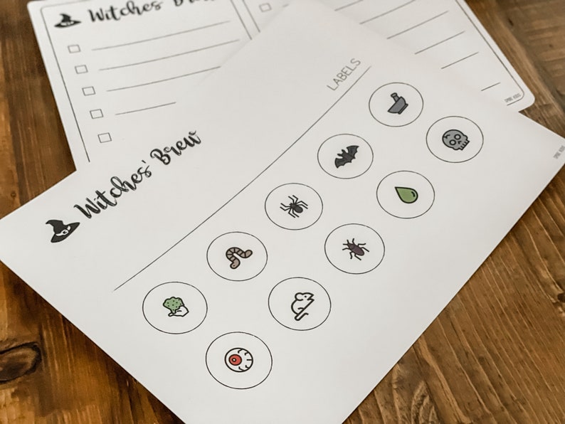 May include: A printable Halloween game with a witch's hat and the text "Witches' Brew". The game includes a list of ingredients for a witch's brew and a set of labels with images of common Halloween items, such as a spider, a bat, a skull, and a cauldron.