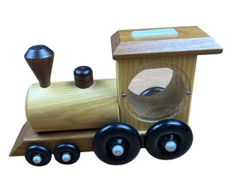 Vintage Amish Wooden Train Coin Bank Handmade Turning Wheels