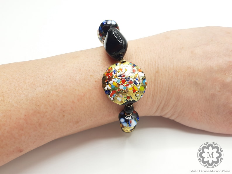 VETRO ARTISTICO\u00ae MURANO N perle veneziane Bracciale nero oro Bracciale in Vetro di Murano foglia oro 24 kt arcobaleno 89