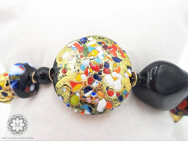 VETRO ARTISTICO\u00ae MURANO N perle veneziane Bracciale nero oro Bracciale in Vetro di Murano foglia oro 24 kt arcobaleno 89