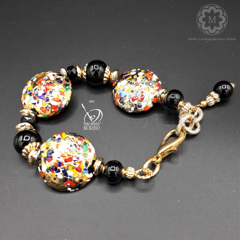 foglia oro 24 kt VETRO ARTISTICO\u00ae MURANO N perle veneziane Bracciale nero oro 89 Bracciale in Vetro di Murano arcobaleno
