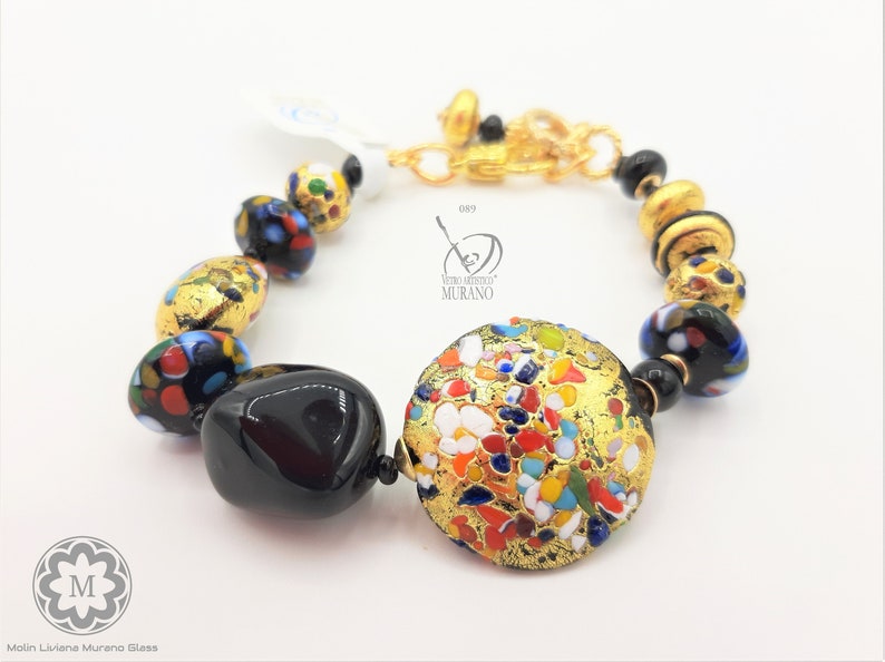 VETRO ARTISTICO\u00ae MURANO N perle veneziane Bracciale nero oro Bracciale in Vetro di Murano foglia oro 24 kt arcobaleno 89