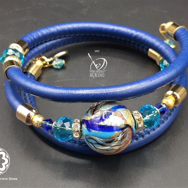 Faux leather glass bracelet - VETRO ARTISTICO® MURANO N.89 - gift for women - murano glass - Venetian pearls - murano glass bracelet - Lampwork